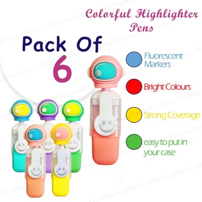 Cute Astronaut Highlighter Markers Set, Pack of 6 Fluorescent Colors, Smiley Design
