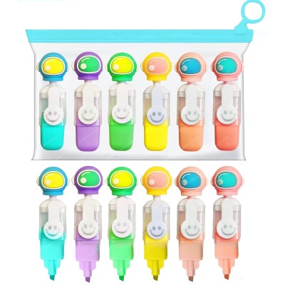 Cute Astronaut Highlighter Markers Set, Pack of 6 Fluorescent Colors, Smiley Design