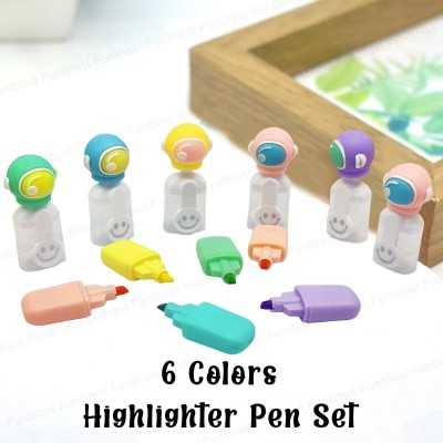 Cute Astronaut Highlighter Markers Set, Pack of 6 Fluorescent Colors, Smiley Design