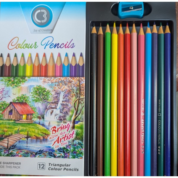 Joy of Creation Triangular Colour Pencils Set – 12 Shades with Sharpener  Smooth Coloring for Kids, School & Drawing