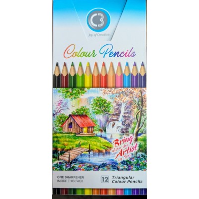 Joy of Creation Triangular Colour Pencils Set – 12 Shades with Sharpen